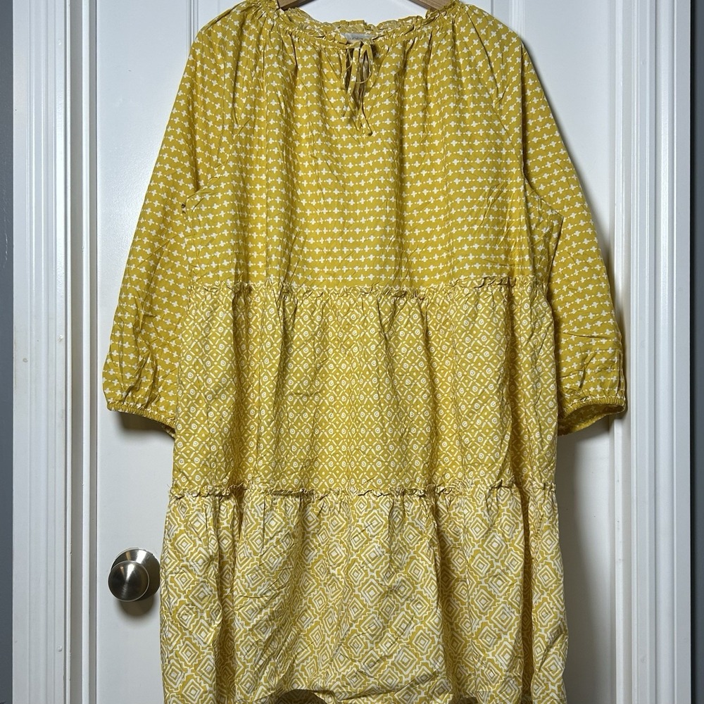 LOFT Outlet 100% Cotton Yellow Mixed Geometric Tiered Tie Up Peasant Midi Dress